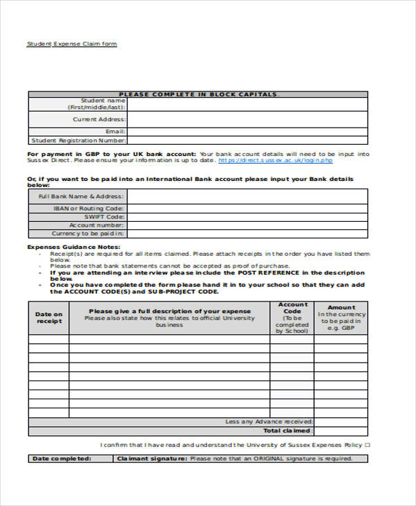 student expenses claim form