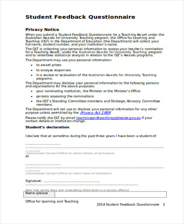 student feedback questionnaire template