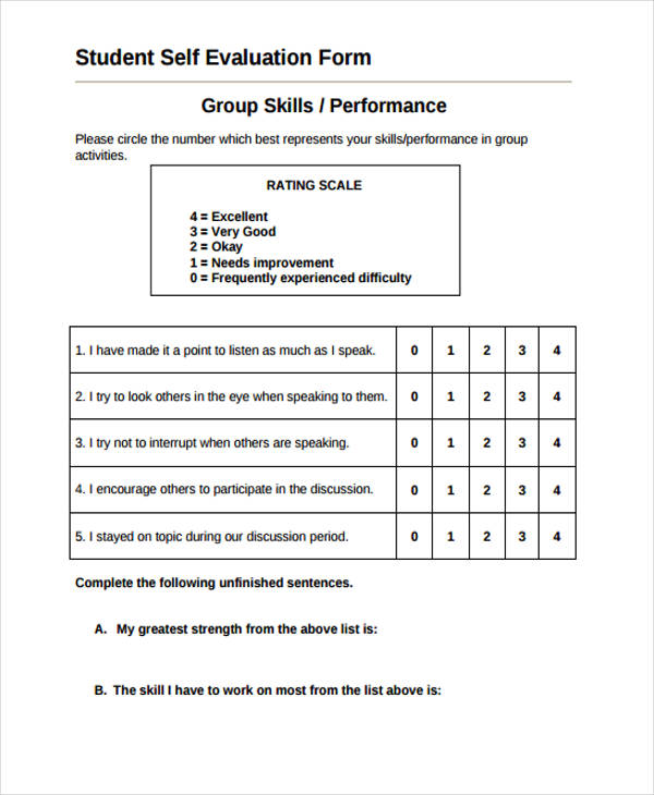 student group skill self evaluation form