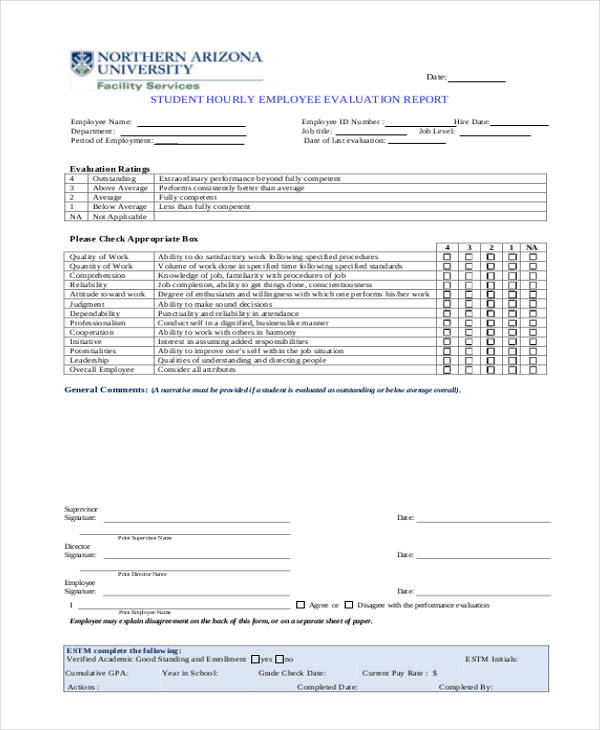 student hourly employee evaluation report form