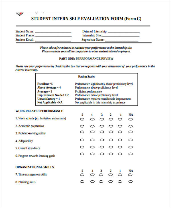 student internship self evaluation form