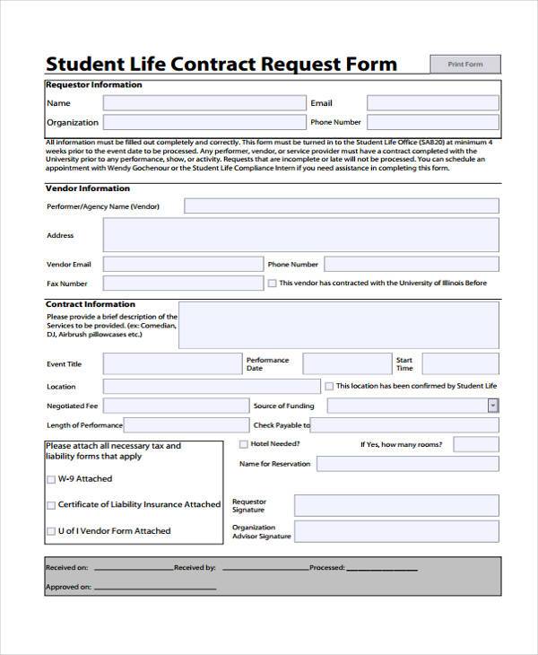 student life contract request form