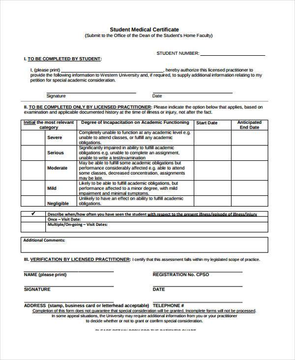 student medical certificate form