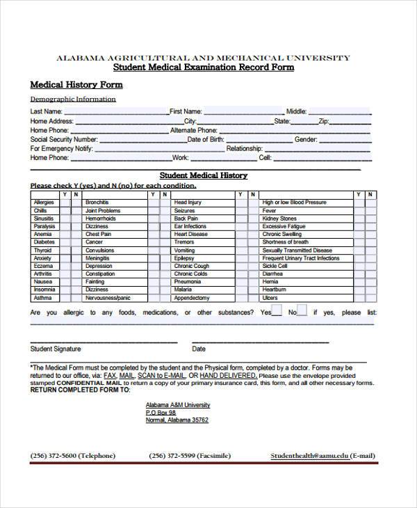 student medical examination record form