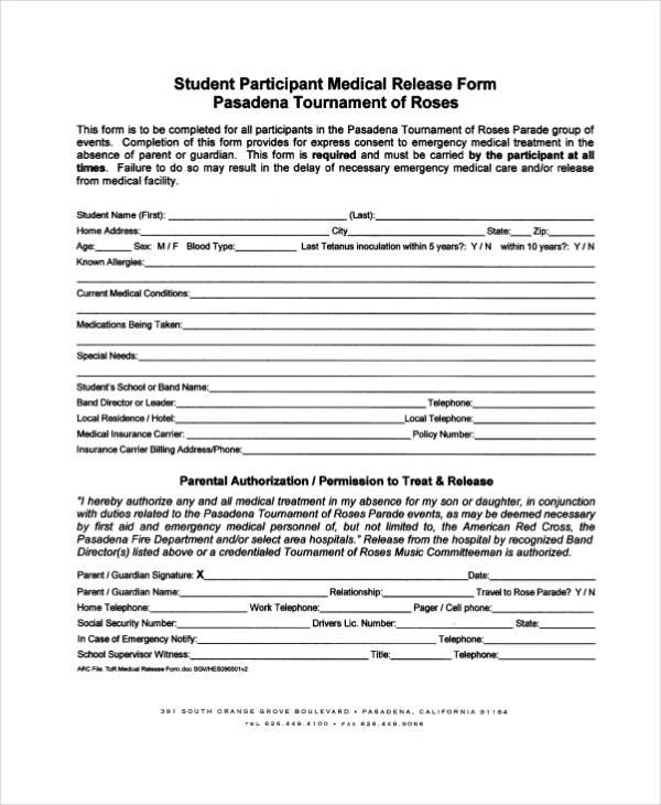 student participant medical release form