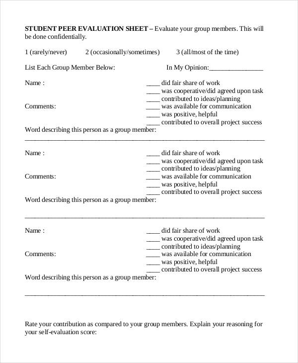 student peer evaluation sheet