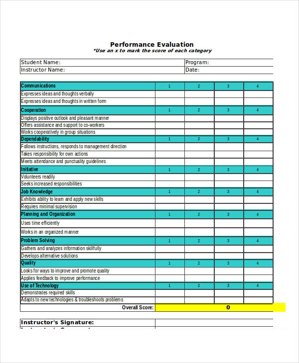 student performance evaluation form in xls
