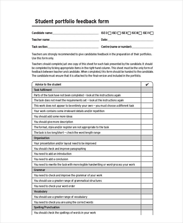 student portfolio feedback form example