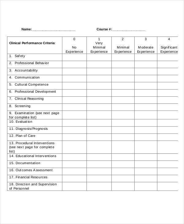 student pre internship self evaluation form