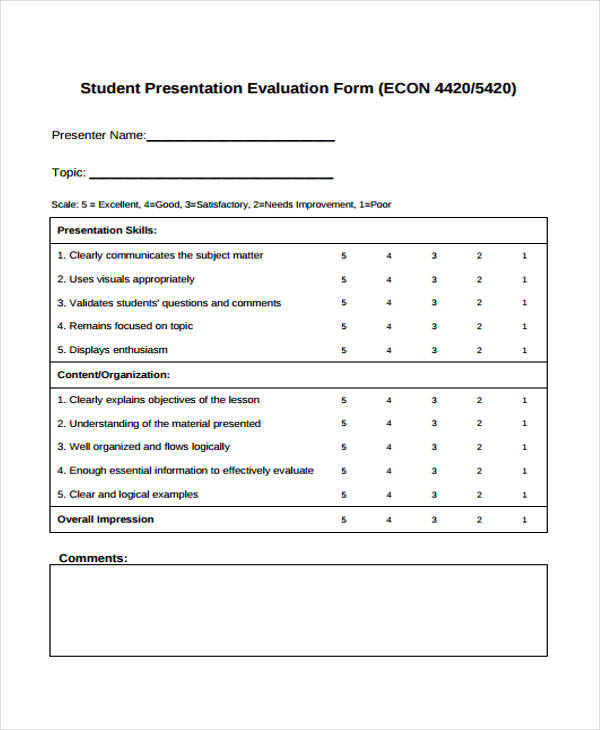student presentation evaluation form example