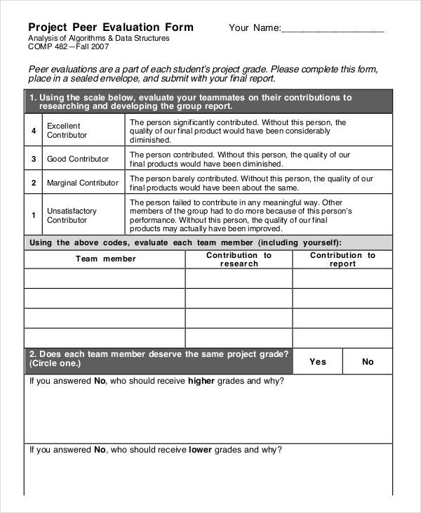 student project peer evaluation form