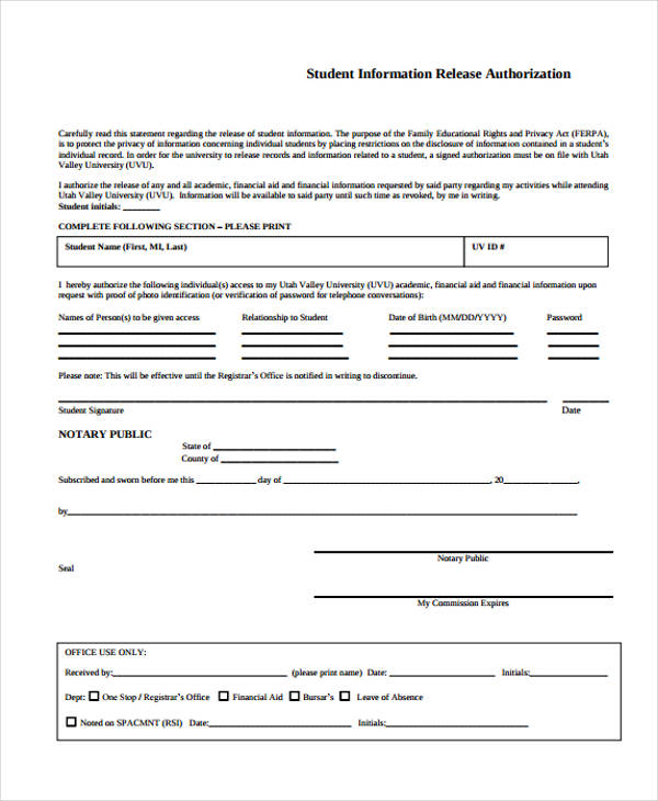 Free 15 Sample Release Authorization Forms In Pdf Ms Word Excel 0530