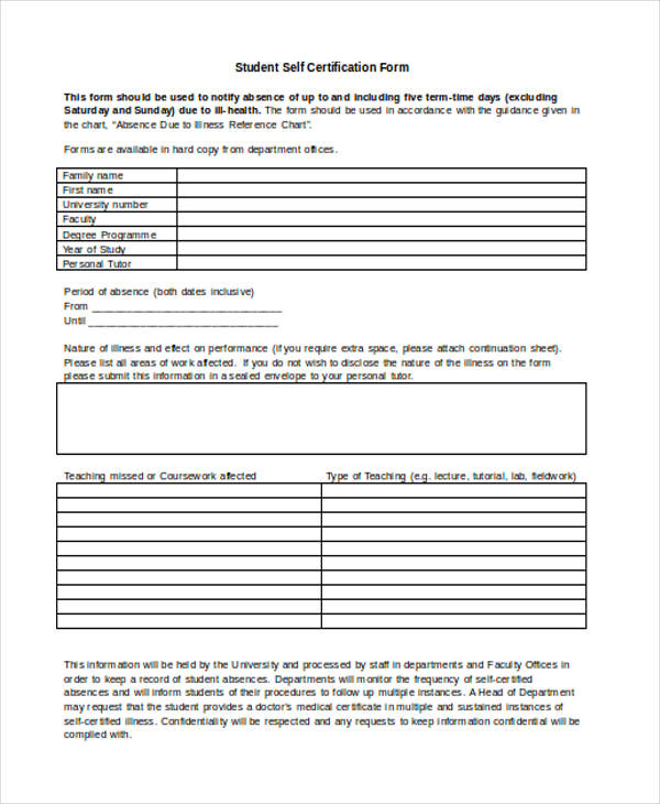 student self certification form
