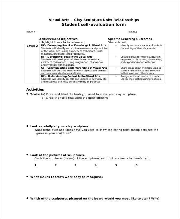 student self evaluation form example