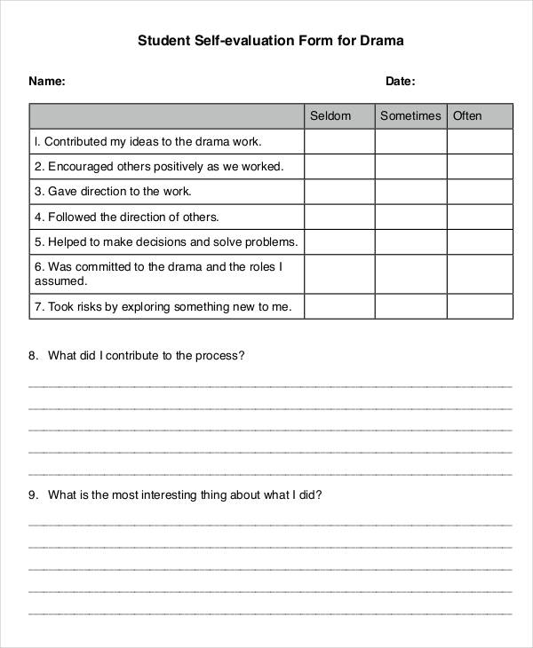 student self evaluation form for drama