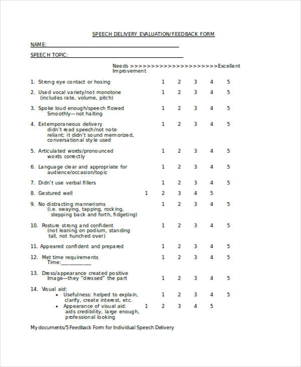 student speech delivery feedback form