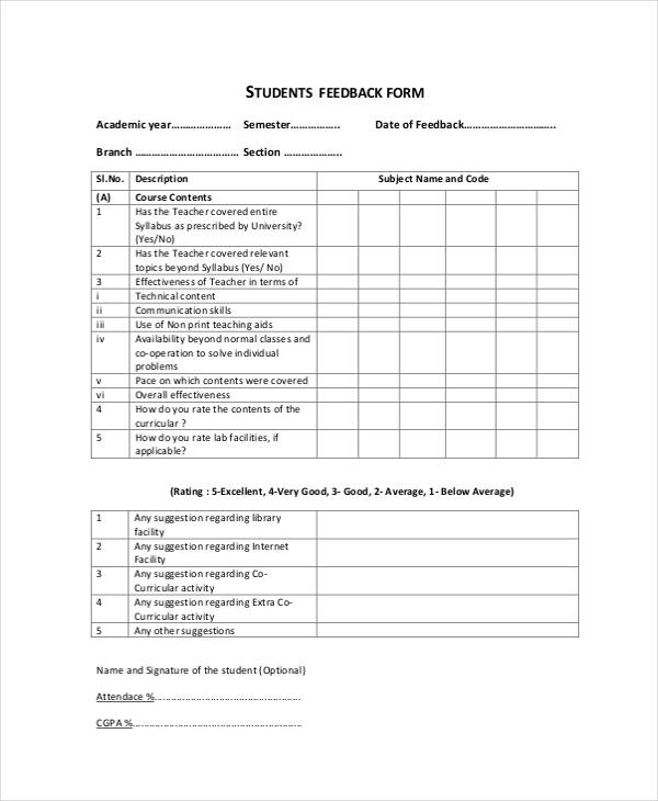 student teacher feedback form sample