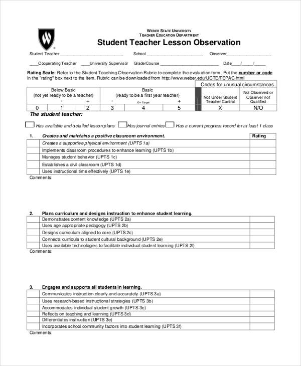 student teacher lesson feedback form1