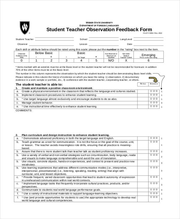 student teacher observation feedback form