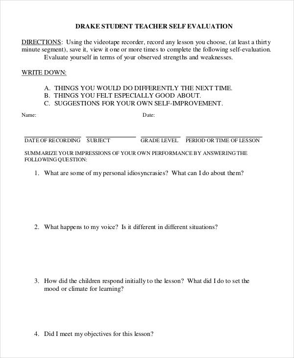 student teacher self evaluation form1