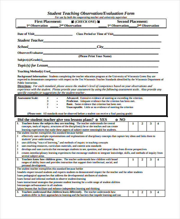 student teaching observation evaluation form