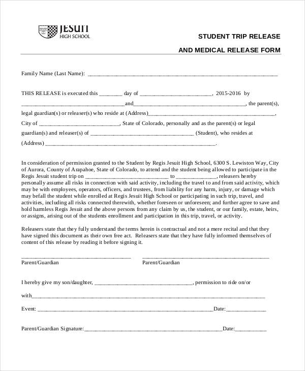 student trip medical release form