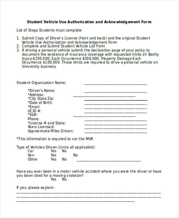 student vehicle authorization acknowledgement form