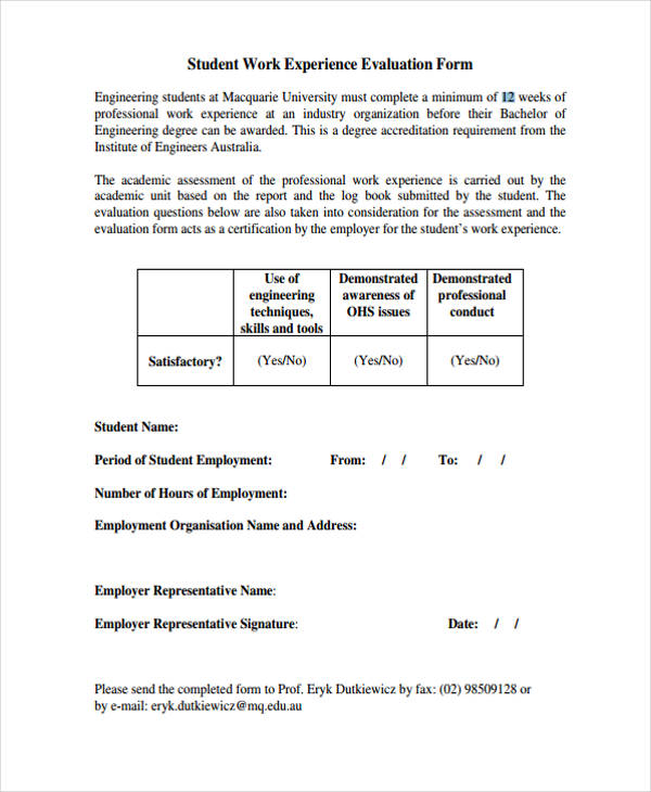 student work experience evaluation form