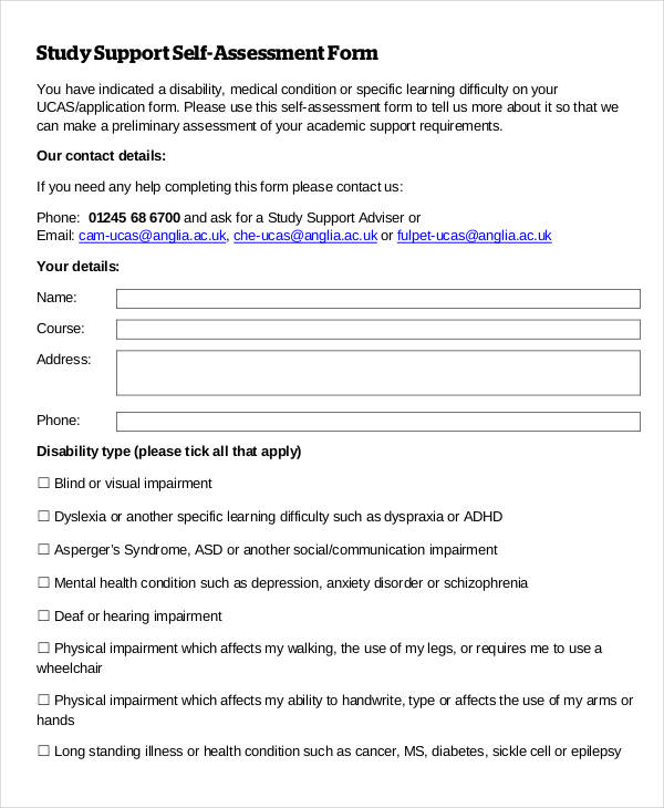 study support self assessment form