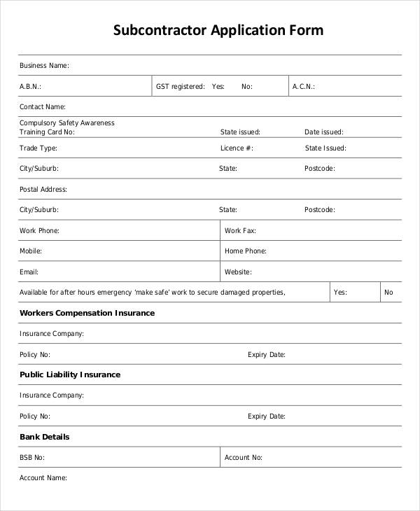 sub contractor application form