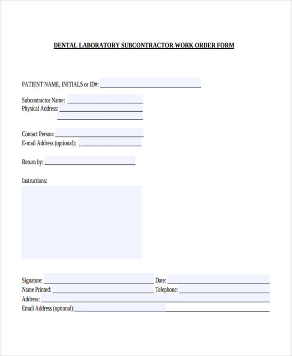 sub contractor work order form sample