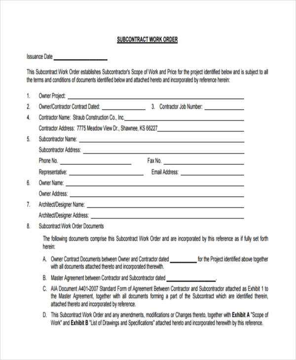 sub contractor work order form