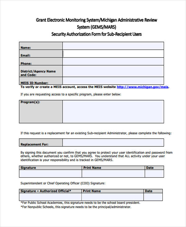 sub recipient security authorization form