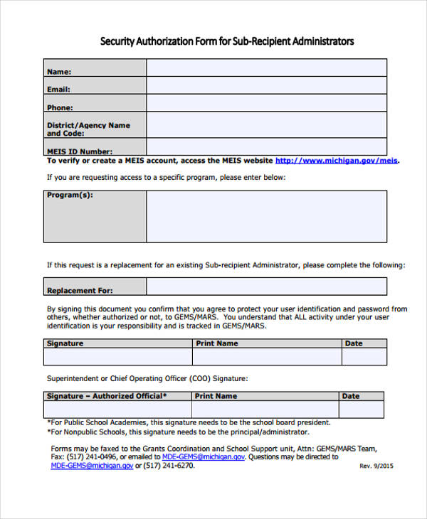 sub recipient security authorization form1
