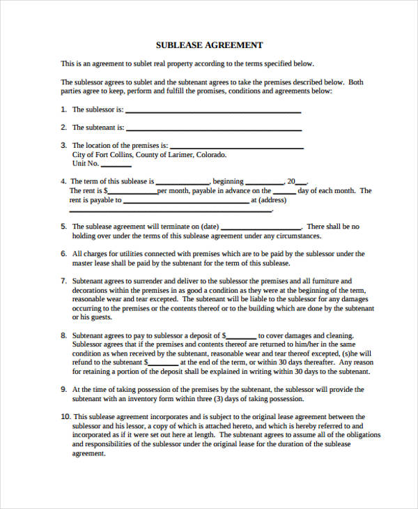 sublease agreement form pdf