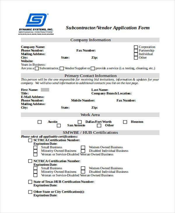 subcontractor vendor application form