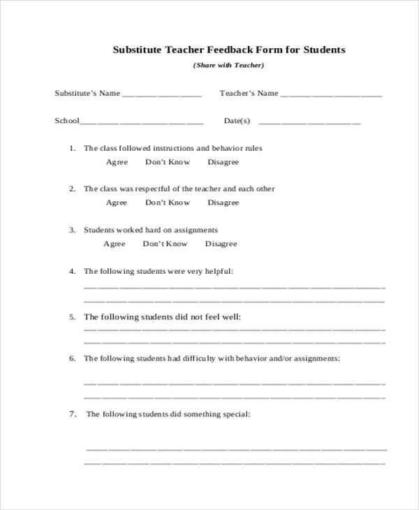 substitute student teacher feedback form