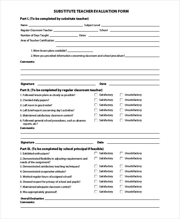 substitute teacher evaluation form