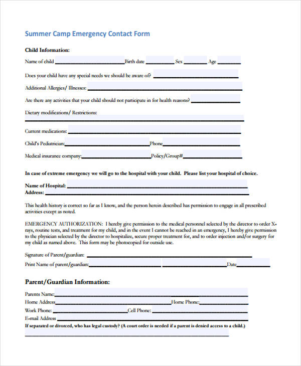 FREE 33+ Emergency Contact Forms in PDF Excel MS Word