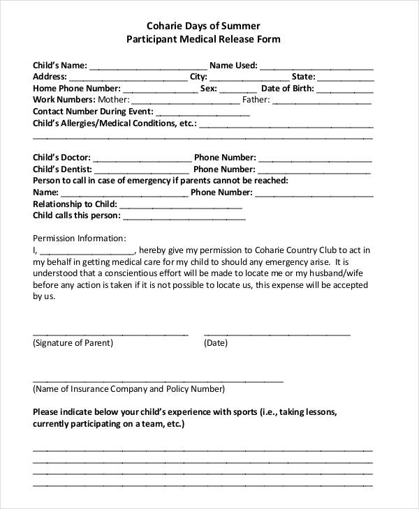 summer participant medical release form
