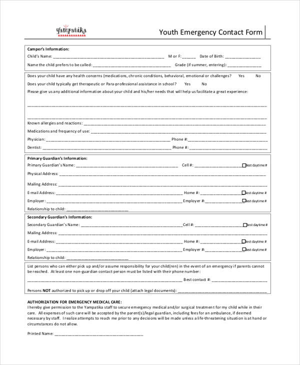FREE 34+ Emergency Contact Forms in PDF MS Word Excel