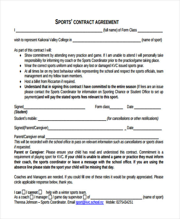 summer sports contract agreement form