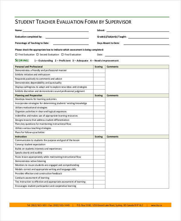 supervisor student teacher evaluation form