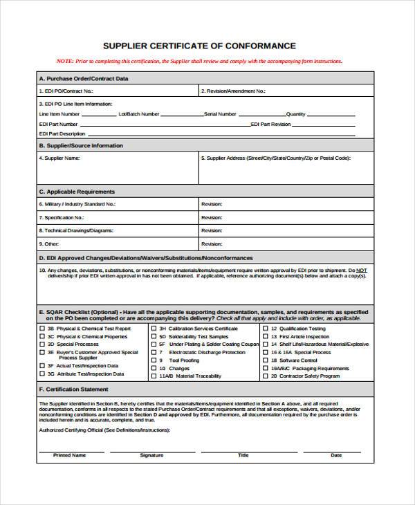 supplier certificate of conformance form