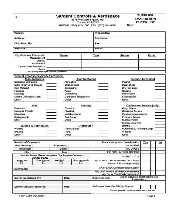 supplier evaluation checklist form