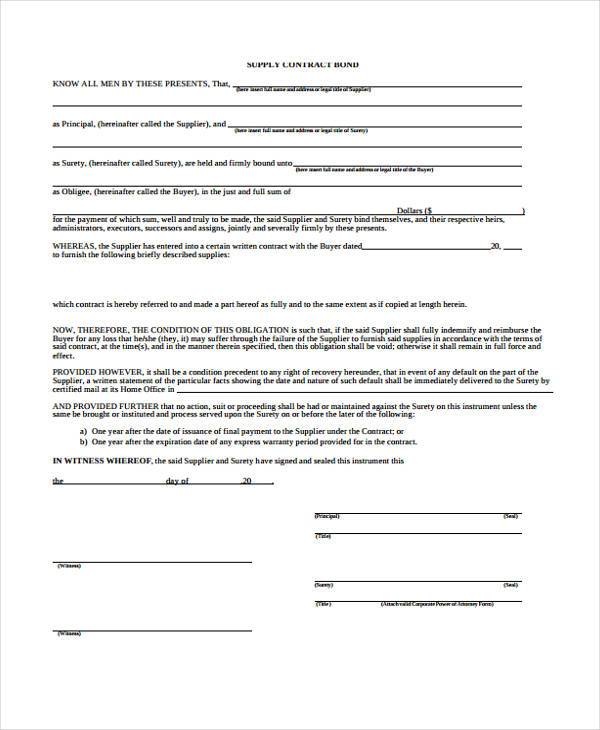 supply contract bond forms form