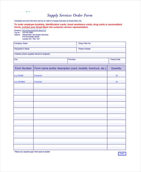 supply services order form