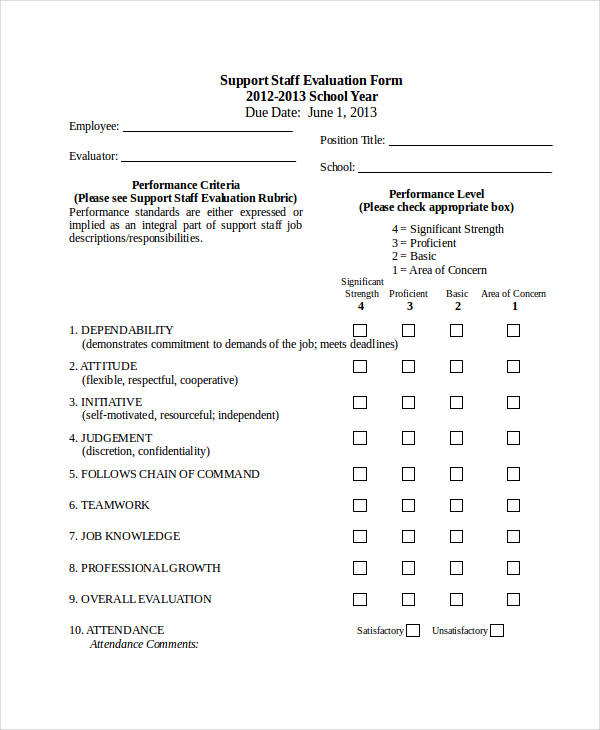support staff employee evaluation form