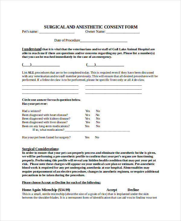 surgery and anesthesia consent form