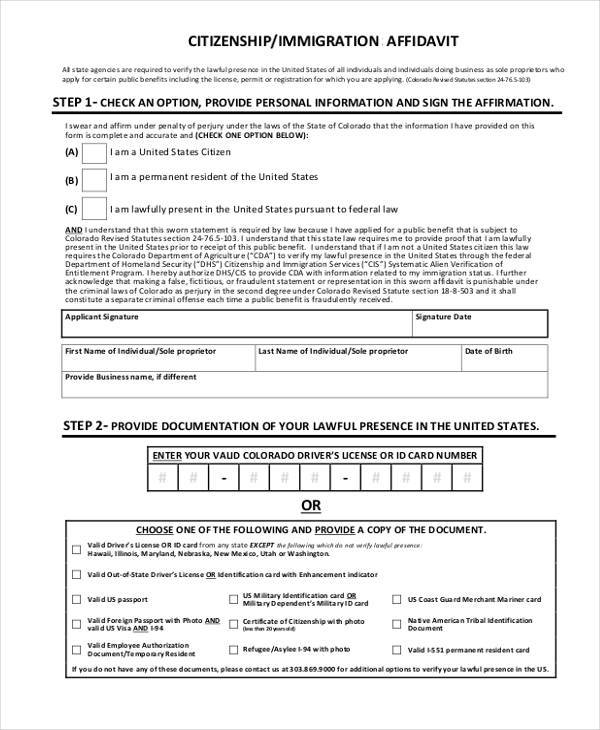 sworn affidavit form for immigration